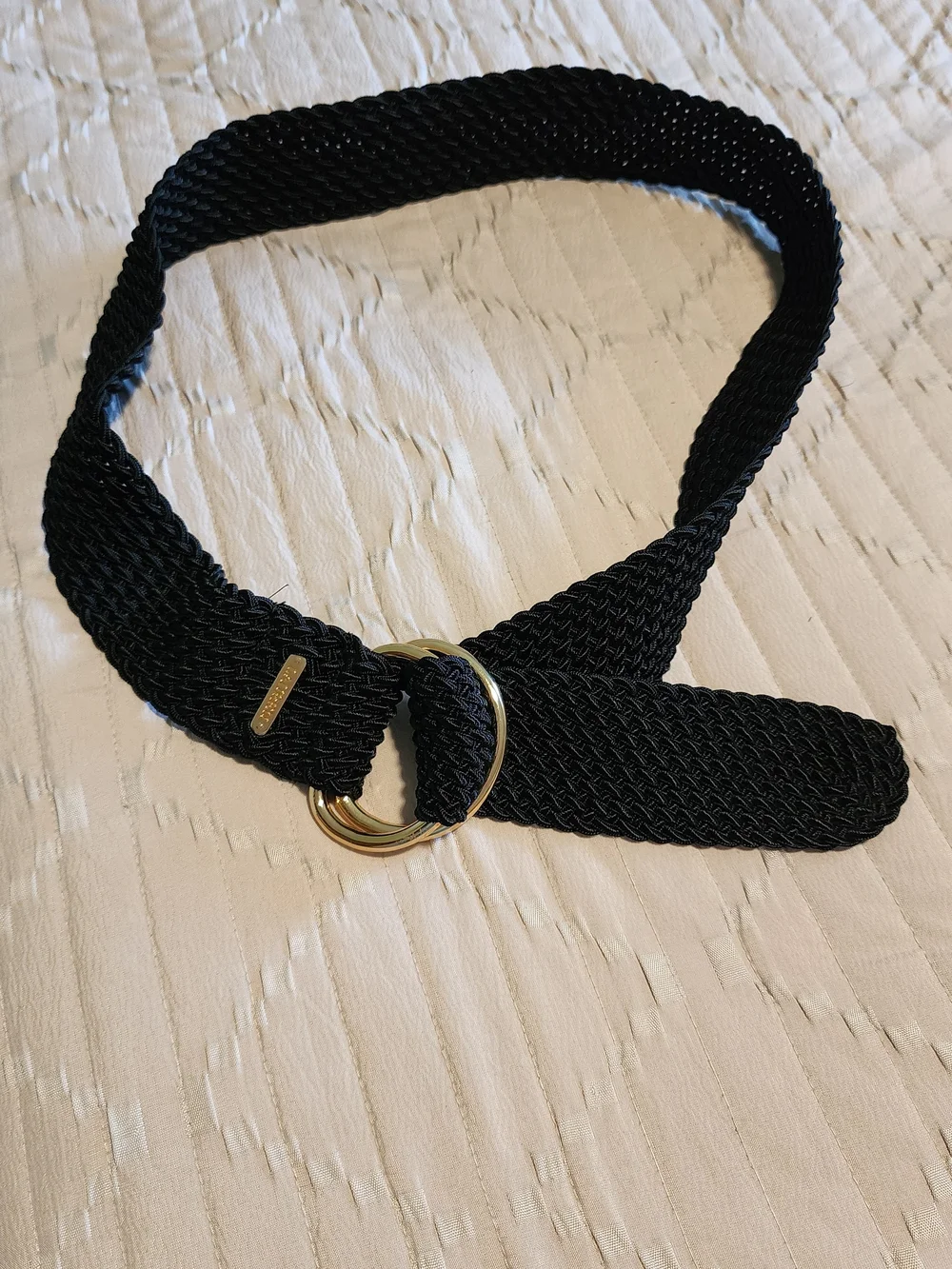 Ralph Lauren Black Woven Stretch Belt with Double O Gold Rings